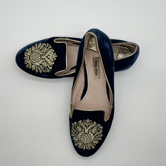 Miu Miu Black and Gold Embroidered Loafers - Picture 3 of 13